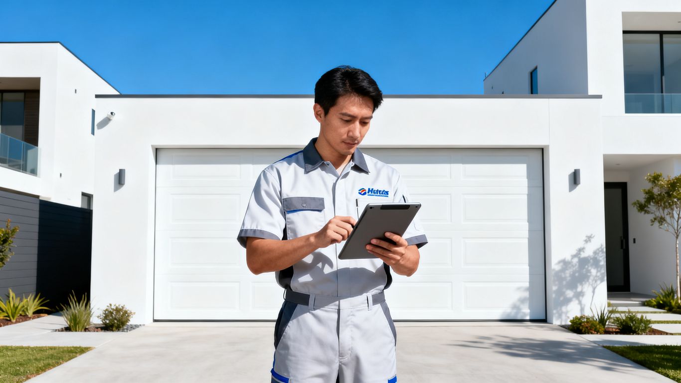 Garage door repair technician working on site