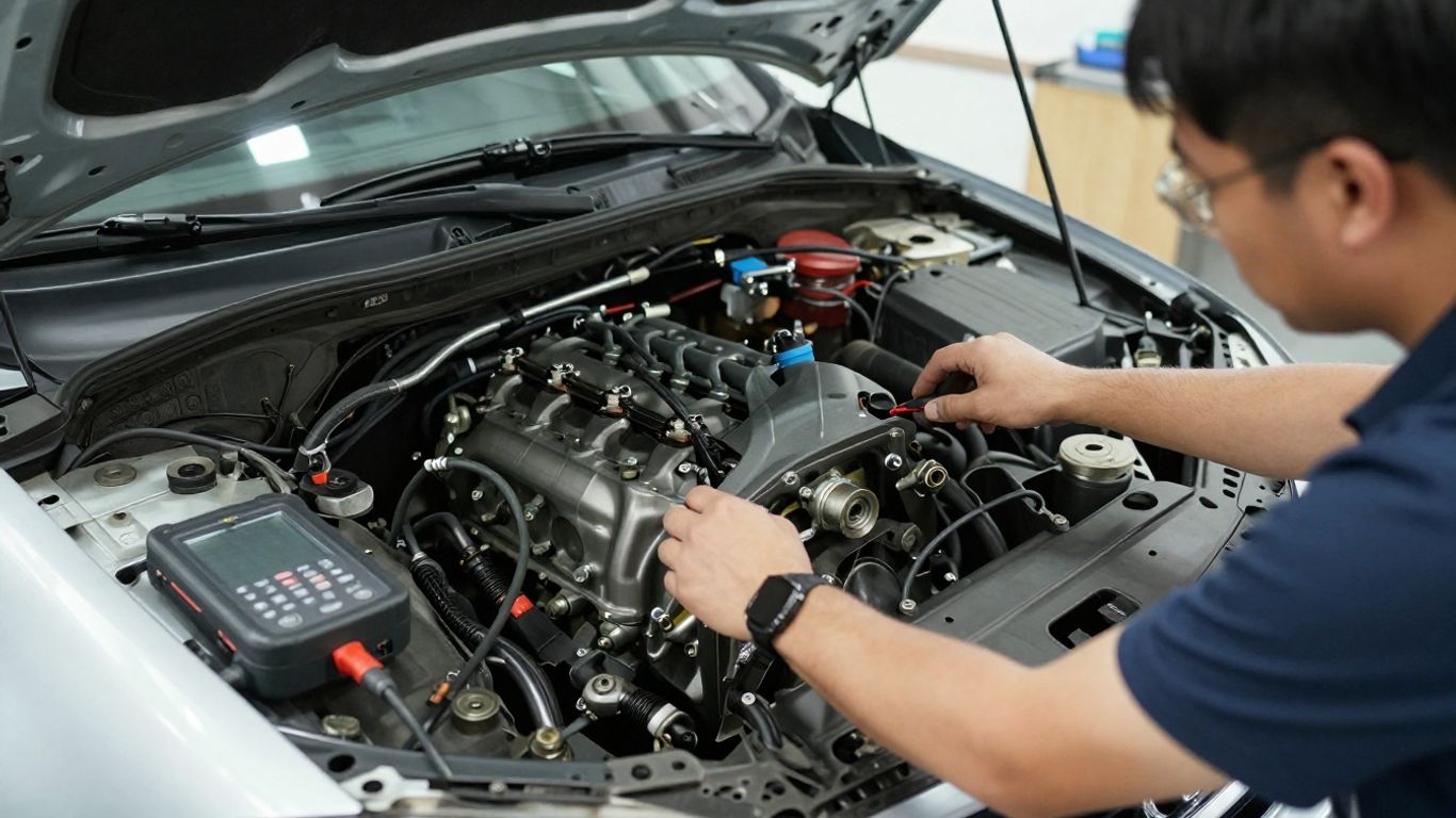 Mechanic inspecting a Holden engine in workshop