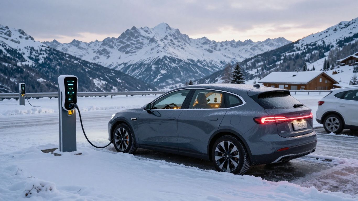 Elektroauto lädt bei winterlichem Schweizer Parkplatz