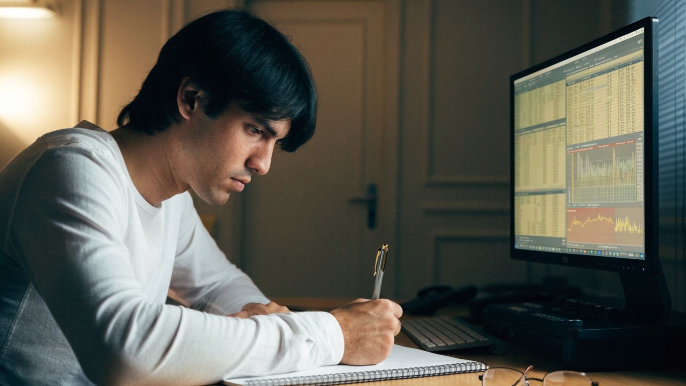 A futures trader planning risk beside a workstation