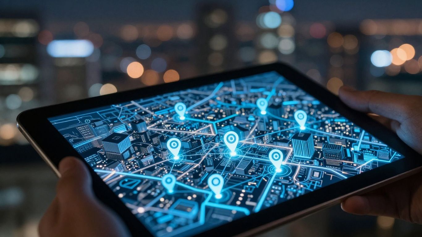 A glowing digital map interface showing local business locations