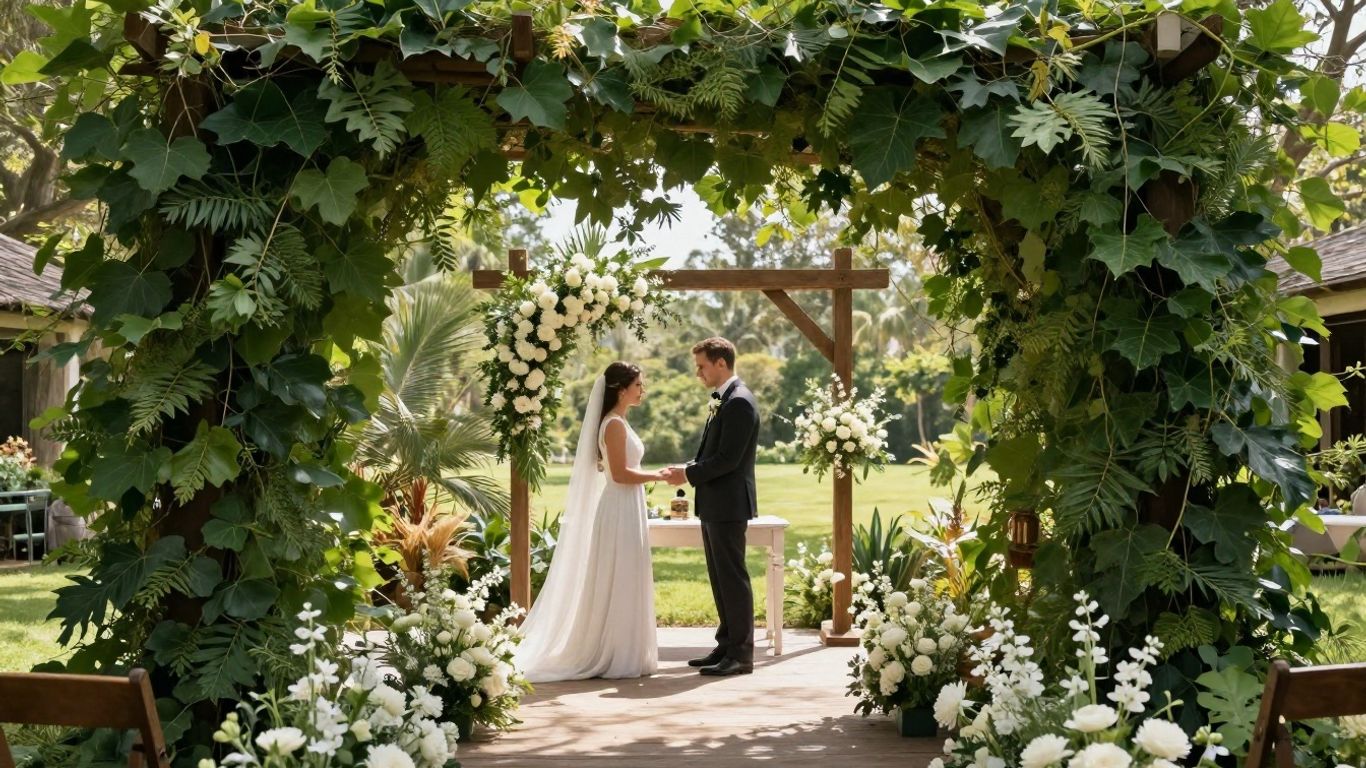 Intimate wedding ceremony in a sunlit garden with floral decorations.