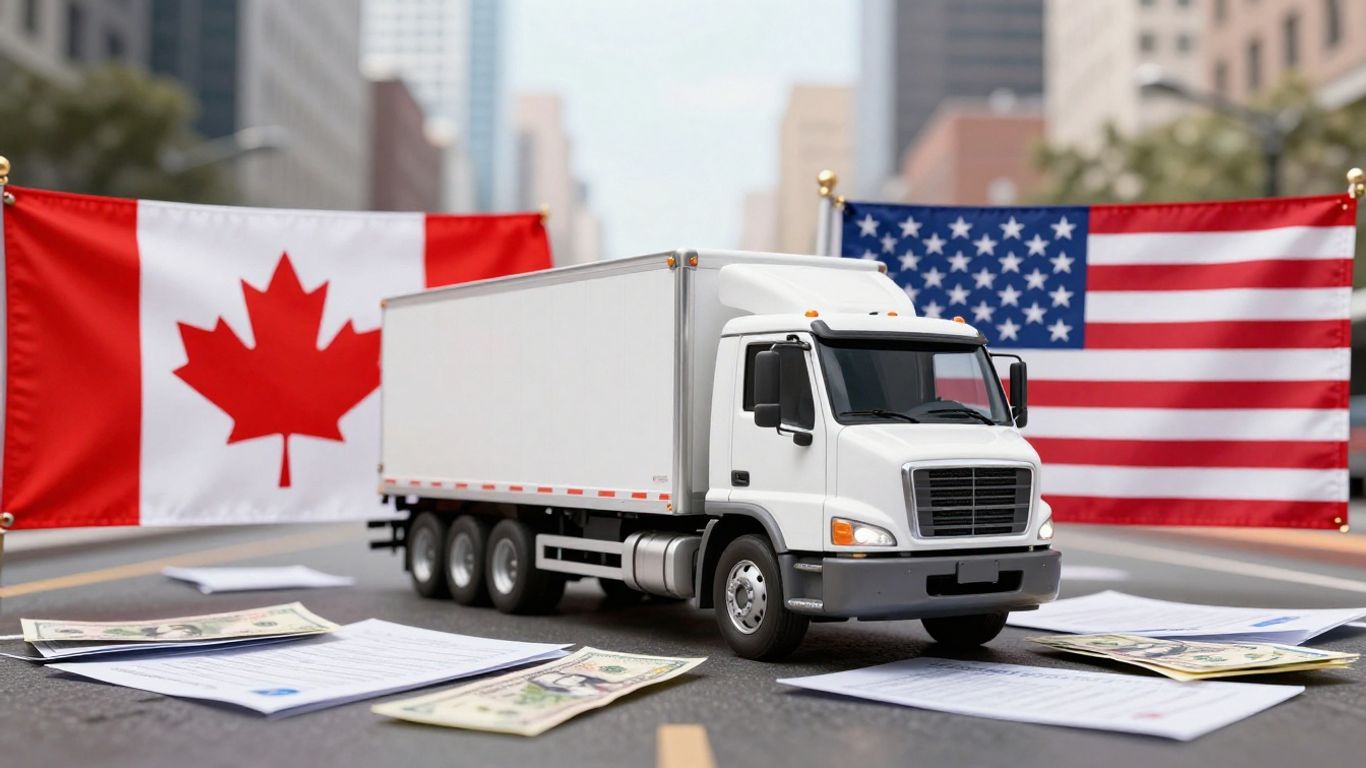 Moving truck between US and Canadian flags with documents and money.