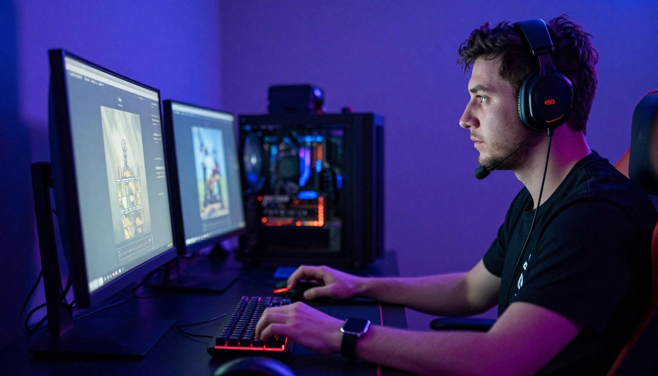 Um jogador concentrado jogando em um setup gamer com iluminação neon, refletindo a atmosfera intensa de grandes títulos de ação