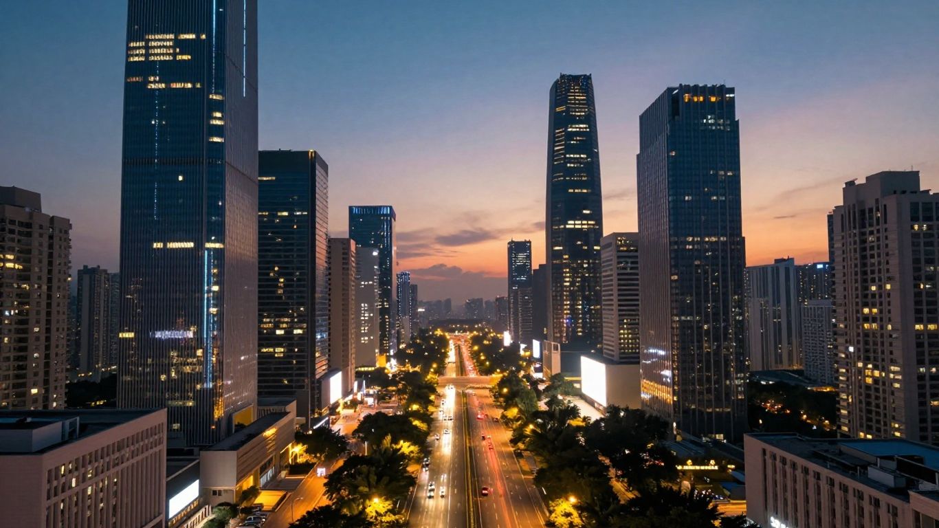 Futuristic cityscape with glowing data streams