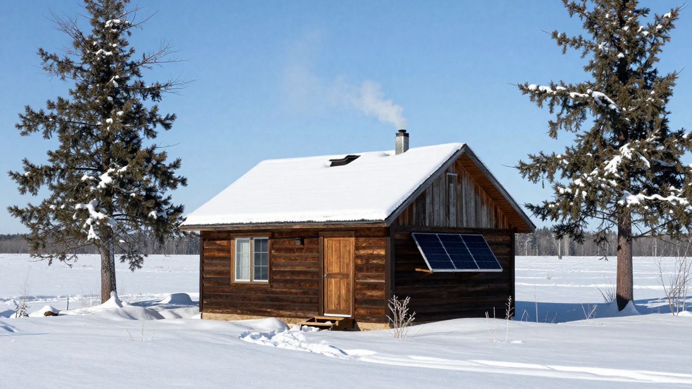 Off-grid cabin in snowy North Dakota landscape