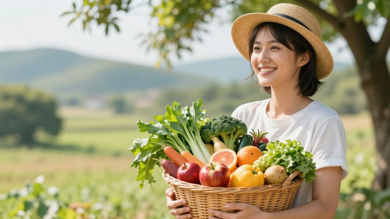 Person with healthy food and nature