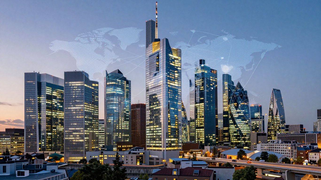 European cityscape with financial district skyscrapers at dusk.