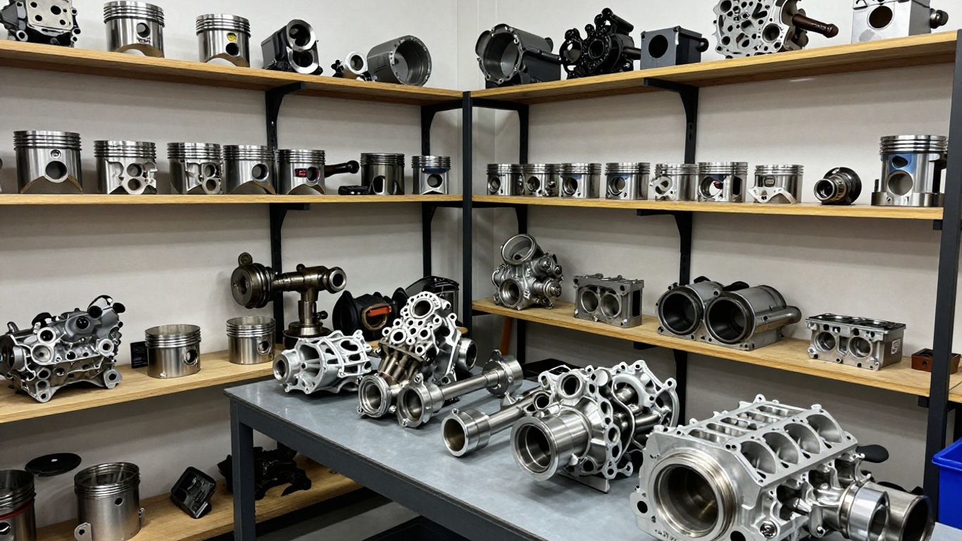 Subaru engine parts in a workshop