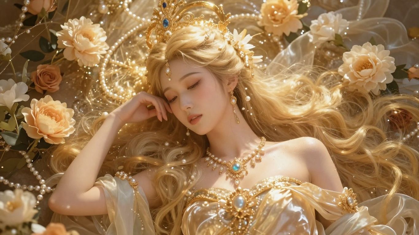 Goddess of love and beauty with flowers and pearls.