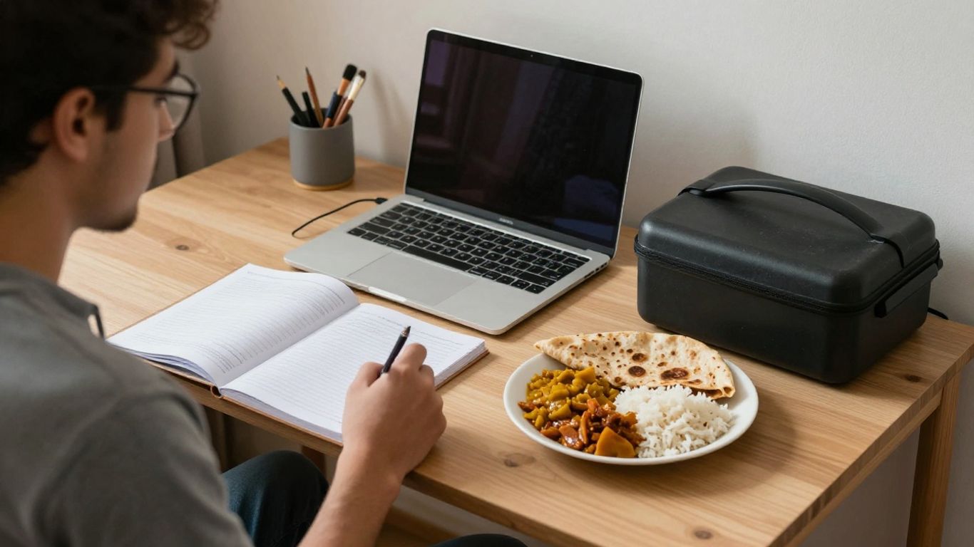 Student studying beside a warm Indian meal