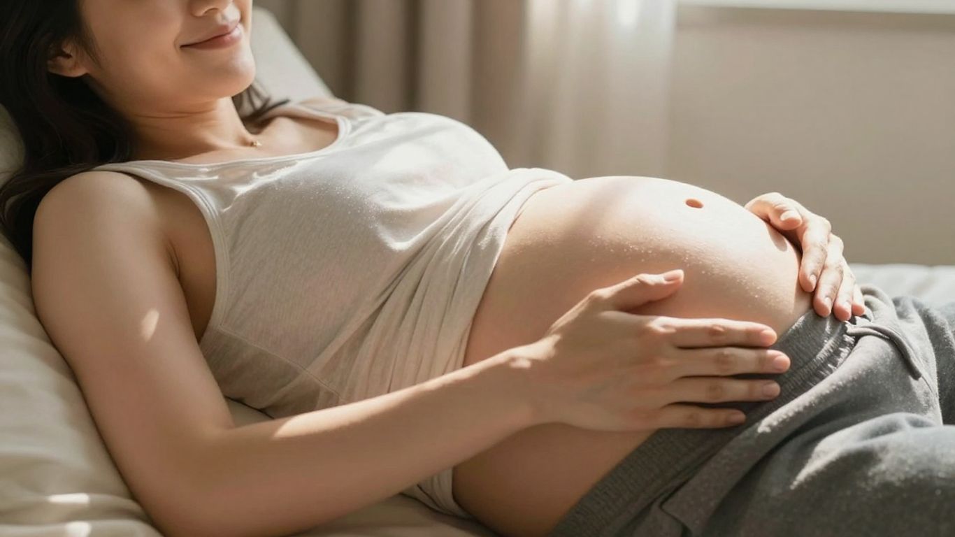 Mujer embarazada de 23 semanas acariciando su vientre.