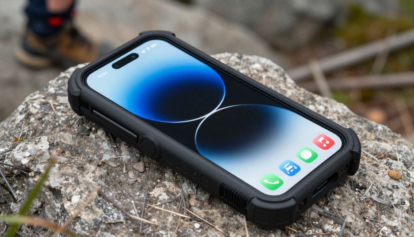 A person hiking in the Blue Mountains, checking their iPhone 16 which is in a sturdy heavy-duty case.