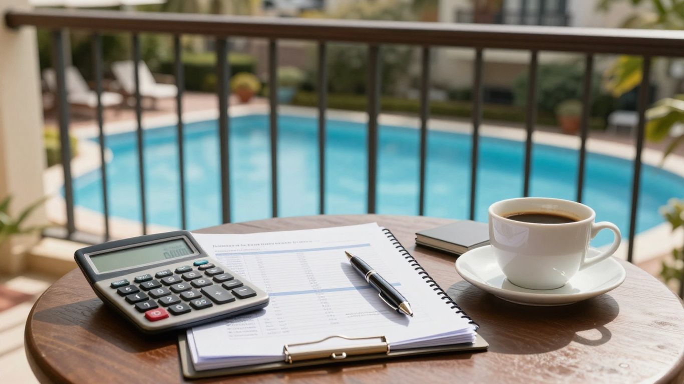 Resort balcony overlooking a pool with paperwork nearby