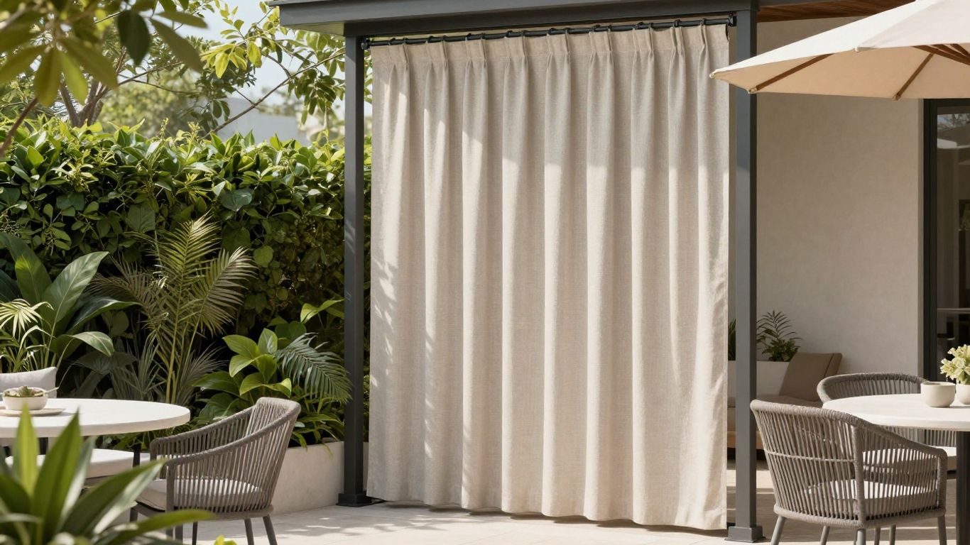 Patio with outdoor roller blinds providing shade.