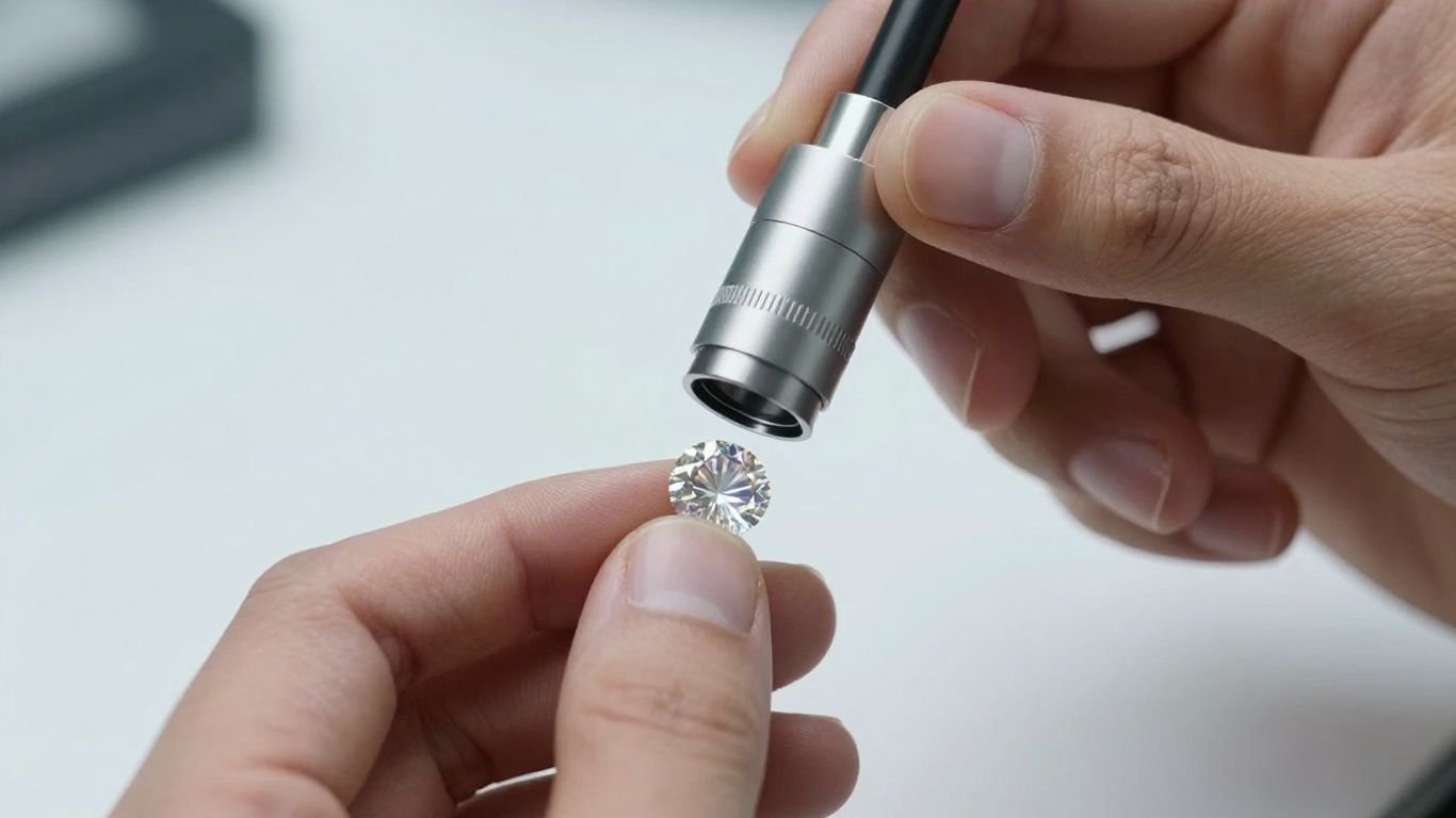 Jeweler assessing a loose diamond under bright white light