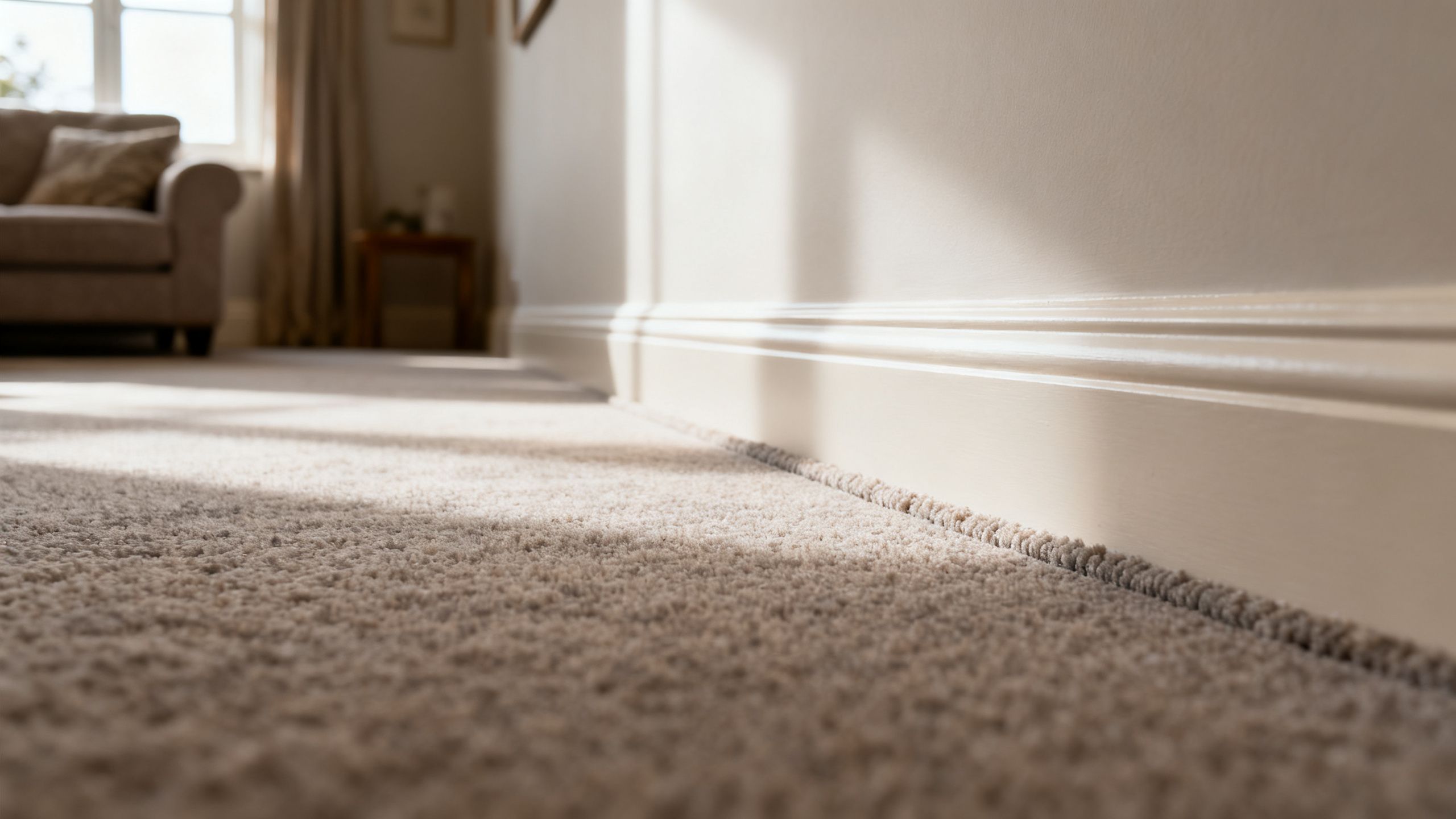 Fitted neutral carpet in a Bristol home lounge, showing a neat edge at the skirting and the soft pile under natural window light