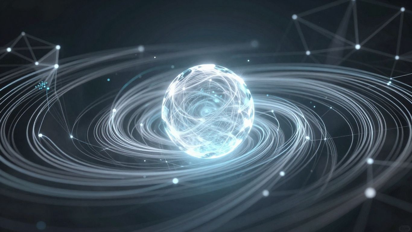 Abstract digital network with glowing central orb.
