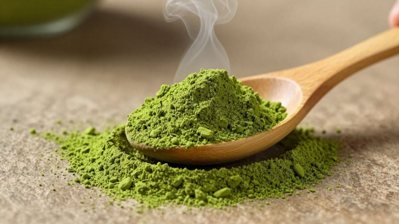 Vibrant green matcha powder in a bamboo scoop.