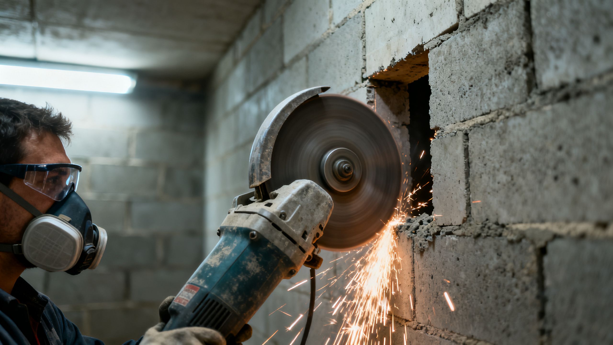 Handheld ring saw cutting a neat opening in a block wall in a confined interior space