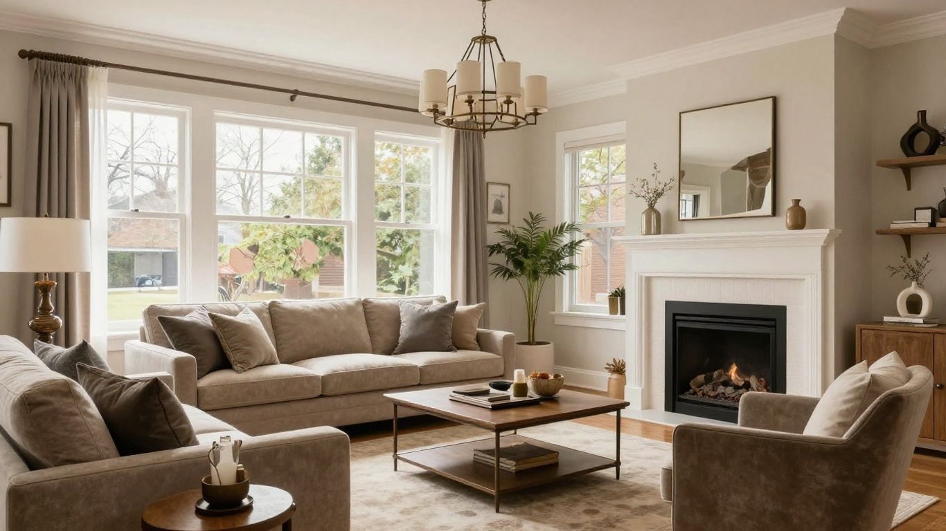 Modern living room with fireplace and natural light.