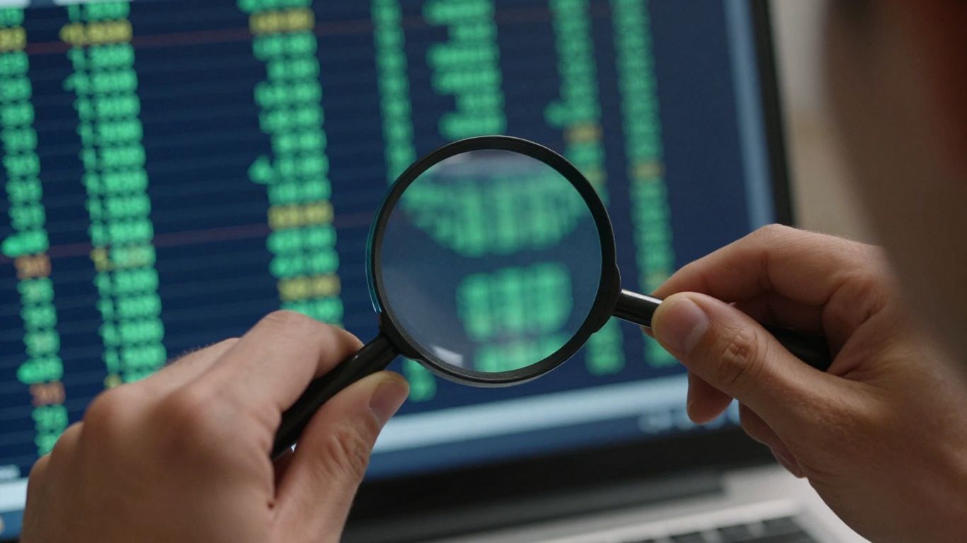 Hands analyzing data on a computer screen.