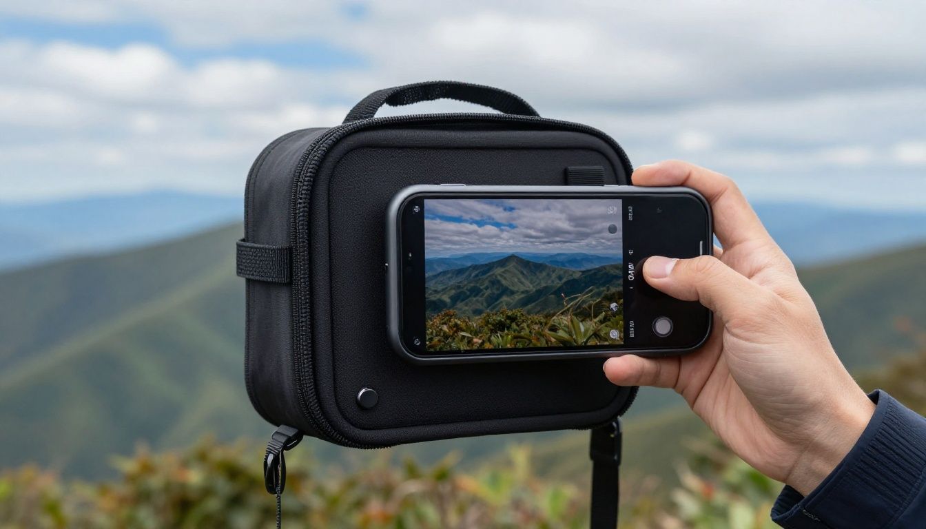 A person hiking in the Blue Mountains, taking a photo of the scenery with their iPhone 16 Pro, which is secured in a protective travel case.