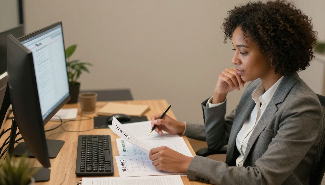 A diverse high-performing professional calmly reviewing a focused priority plan at a desk, with a clear weekly schedule and a warm, intentional atmosphere