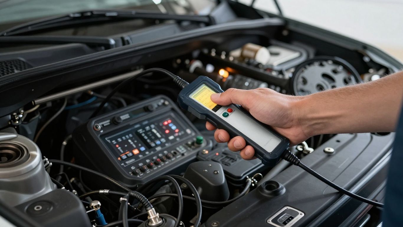 Technician connecting diagnostic scanner inside car
