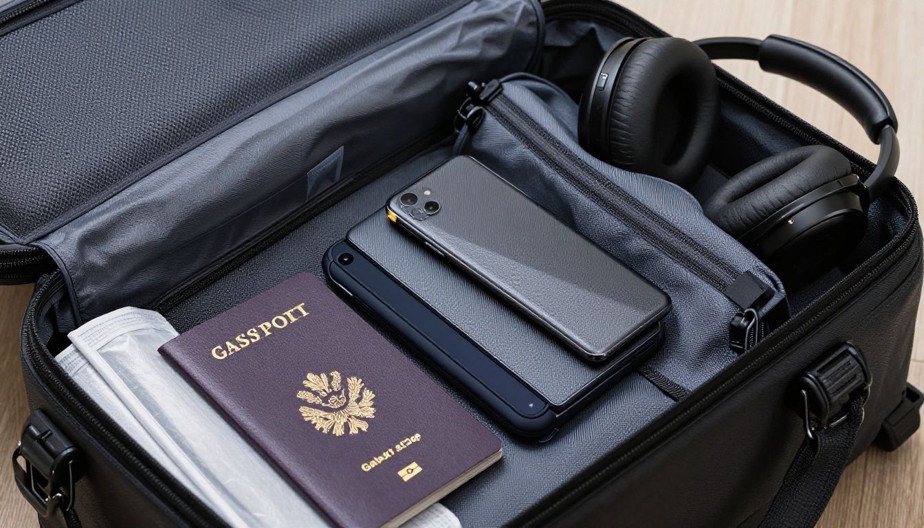A person packing a travel bag with a Galaxy S25 Edge in a slim, protective case visible next to a passport and headphones.
