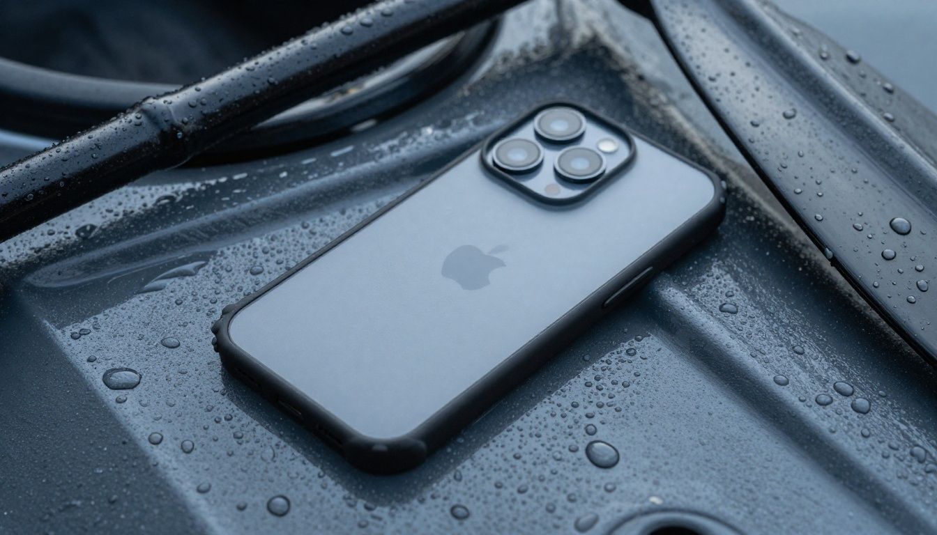 Close-up of an iPhone 16 Pro Max in a waterproof case, resting on a kayak paddle with water droplets on it