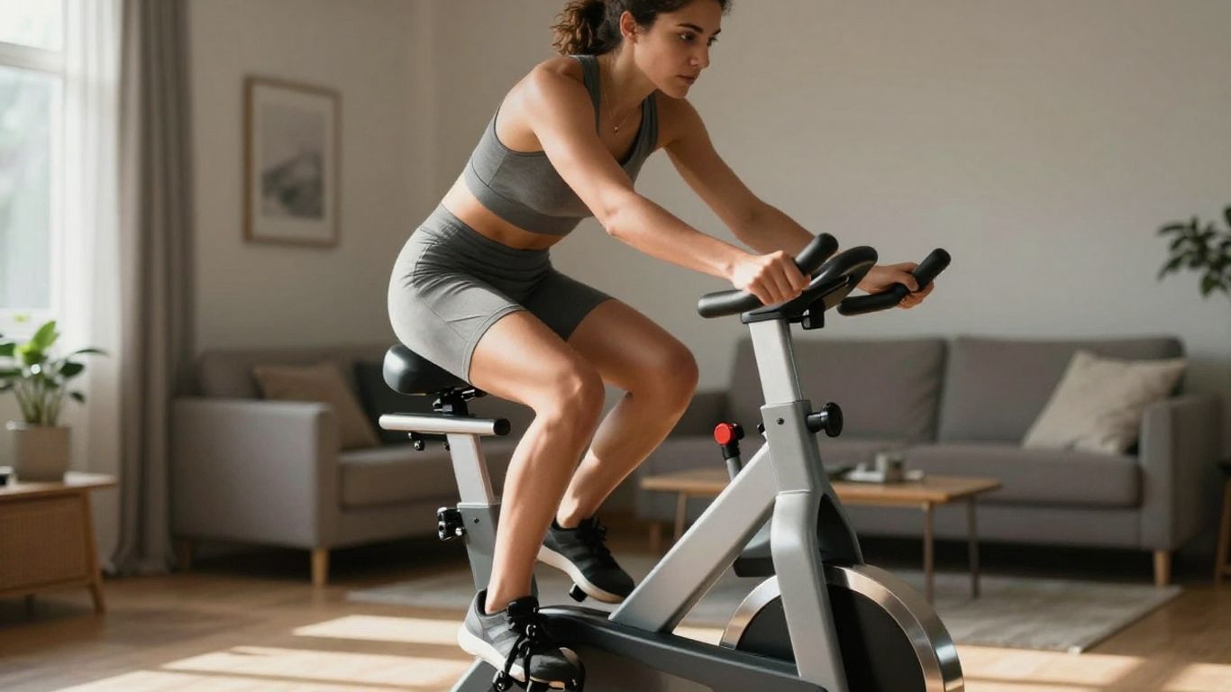 Person cycling on a home exercise bike.