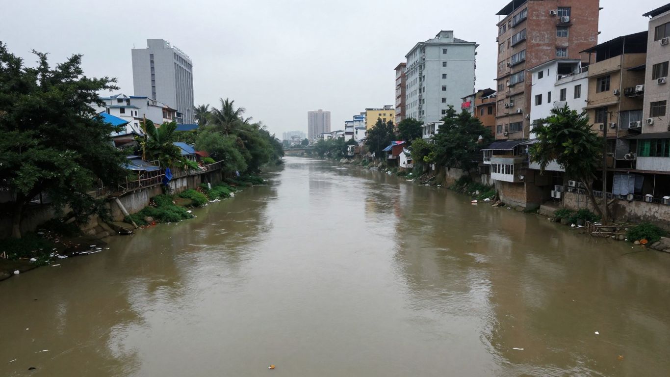 Polluted river with debris and urban landscape.