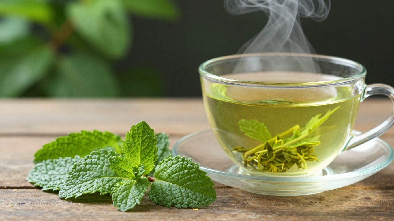 Steaming cup of spearmint green tea with fresh leaves.