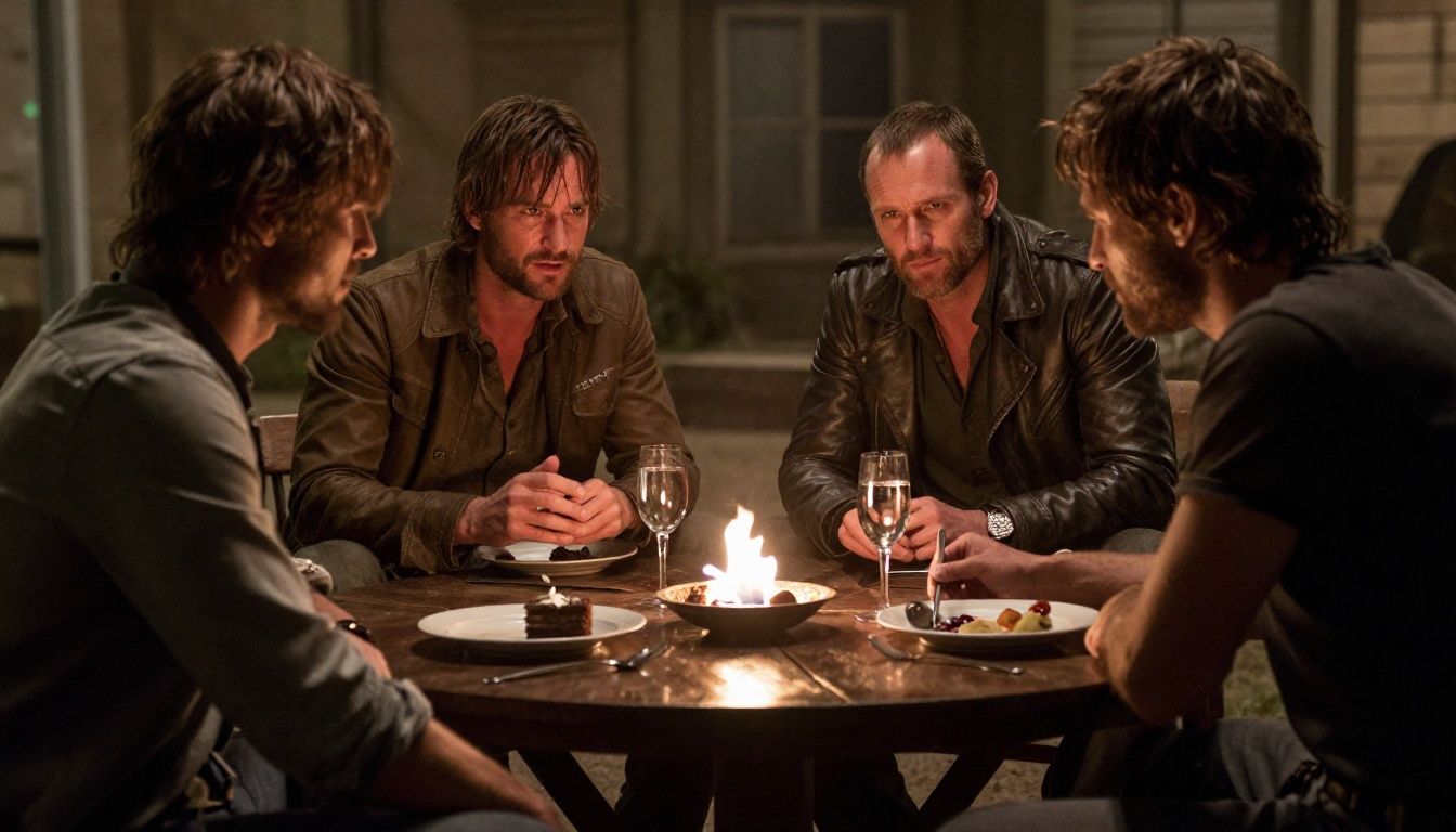 Arthur Morgan conversando com membros da gangue Van der Linde em torno de uma fogueira à noite