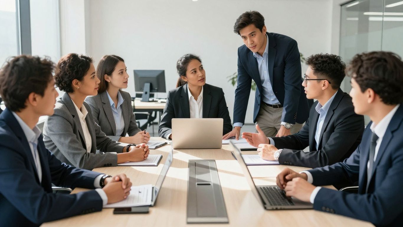 Business professionals collaborating in a modern office.