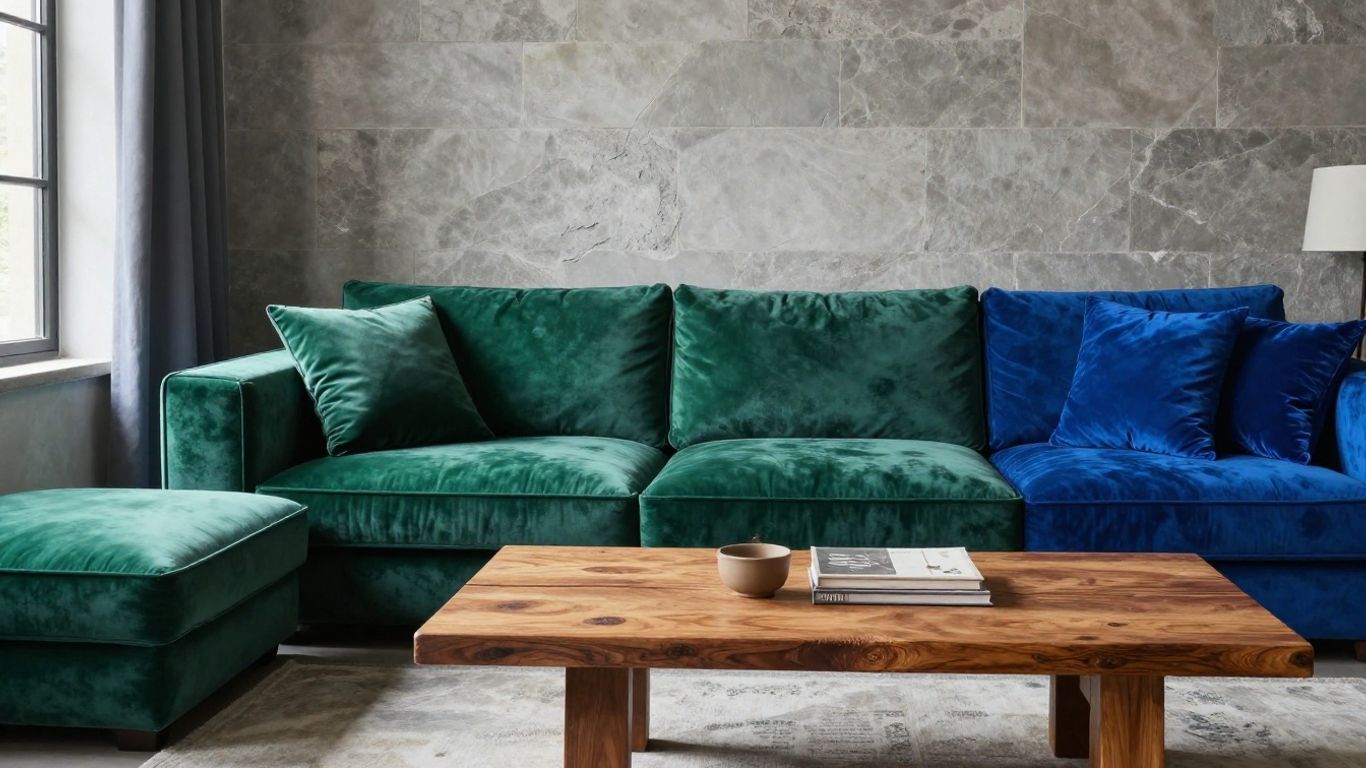 Vibrant living room with contrasting textures and bold colors.