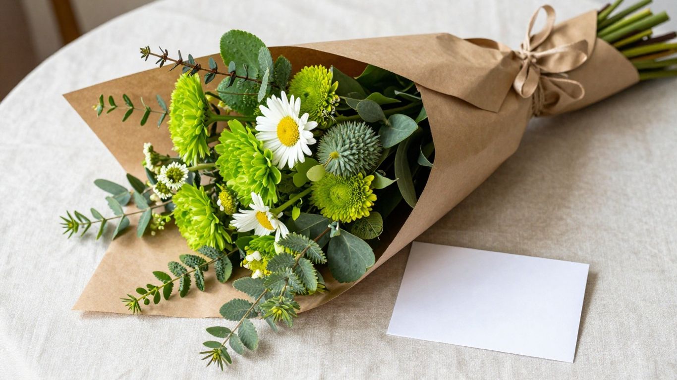 Hand-tied celebratory bouquet with greenery and note