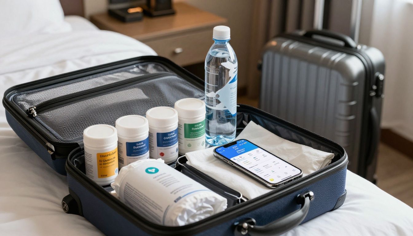 A neatly organized travel kit for a health protocol sits on a hotel bed, including labeled supplement containers, a water bottle, and a smartphone displaying a tracking app, with a suitcase in the background.
