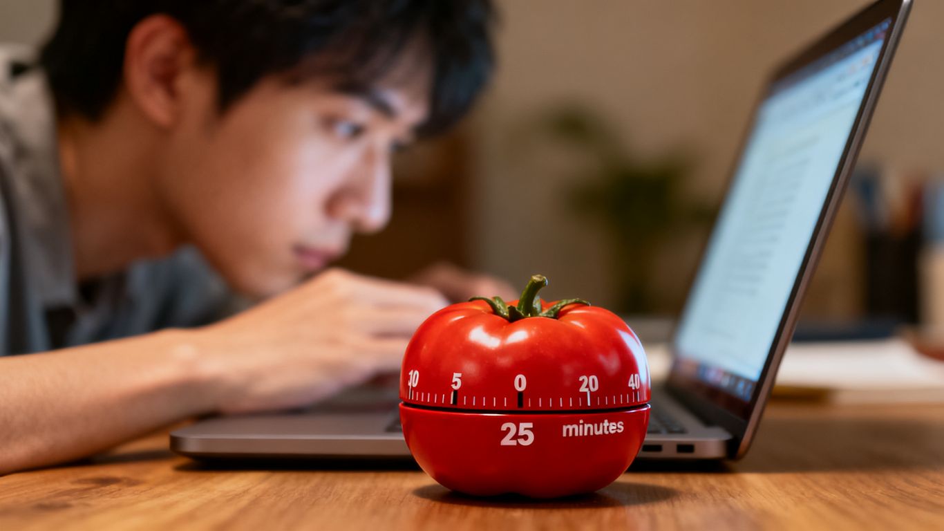 Person focused on laptop with a tomato timer.