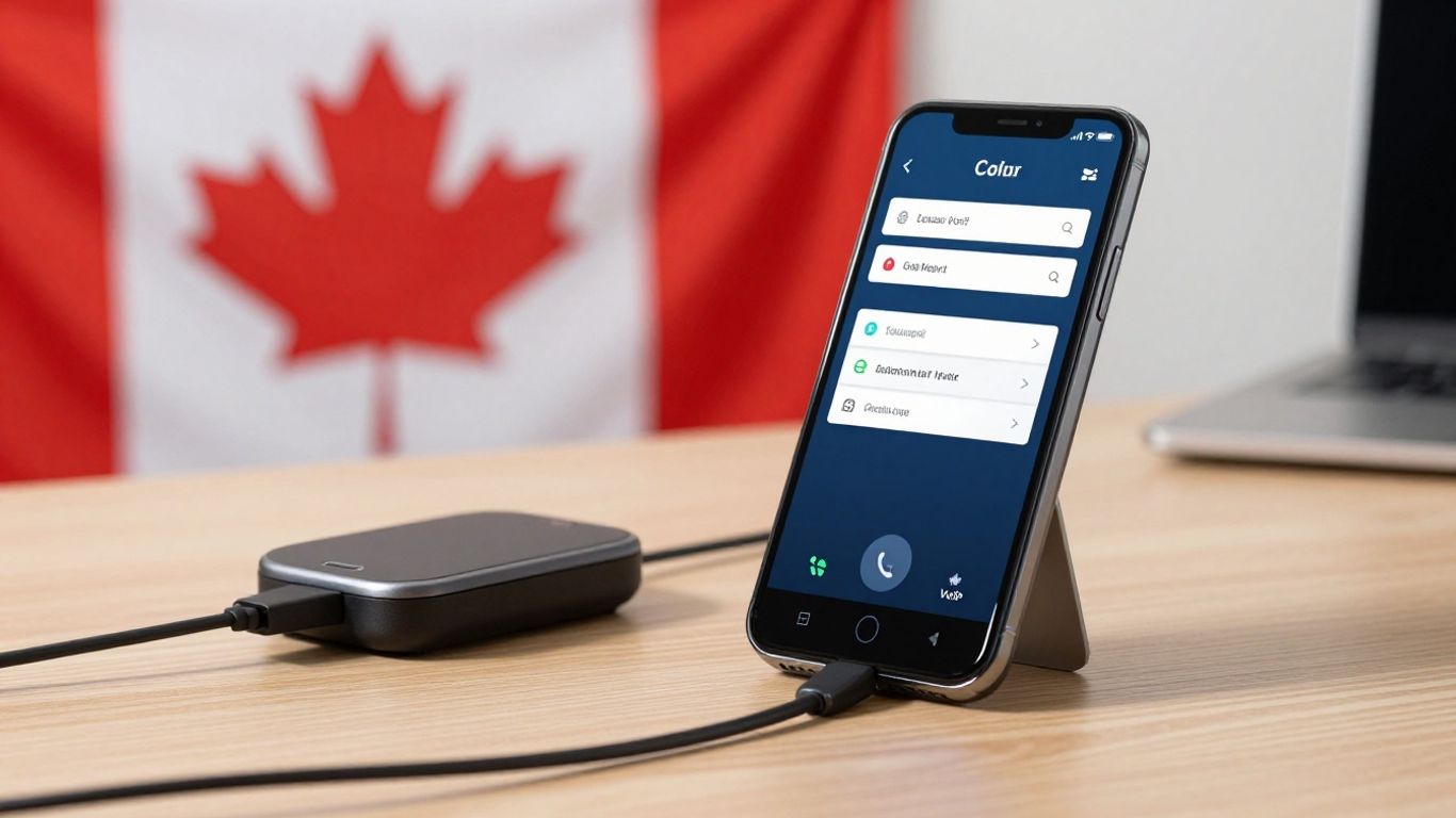 VoIP phone and smartphone with Canadian flag background.