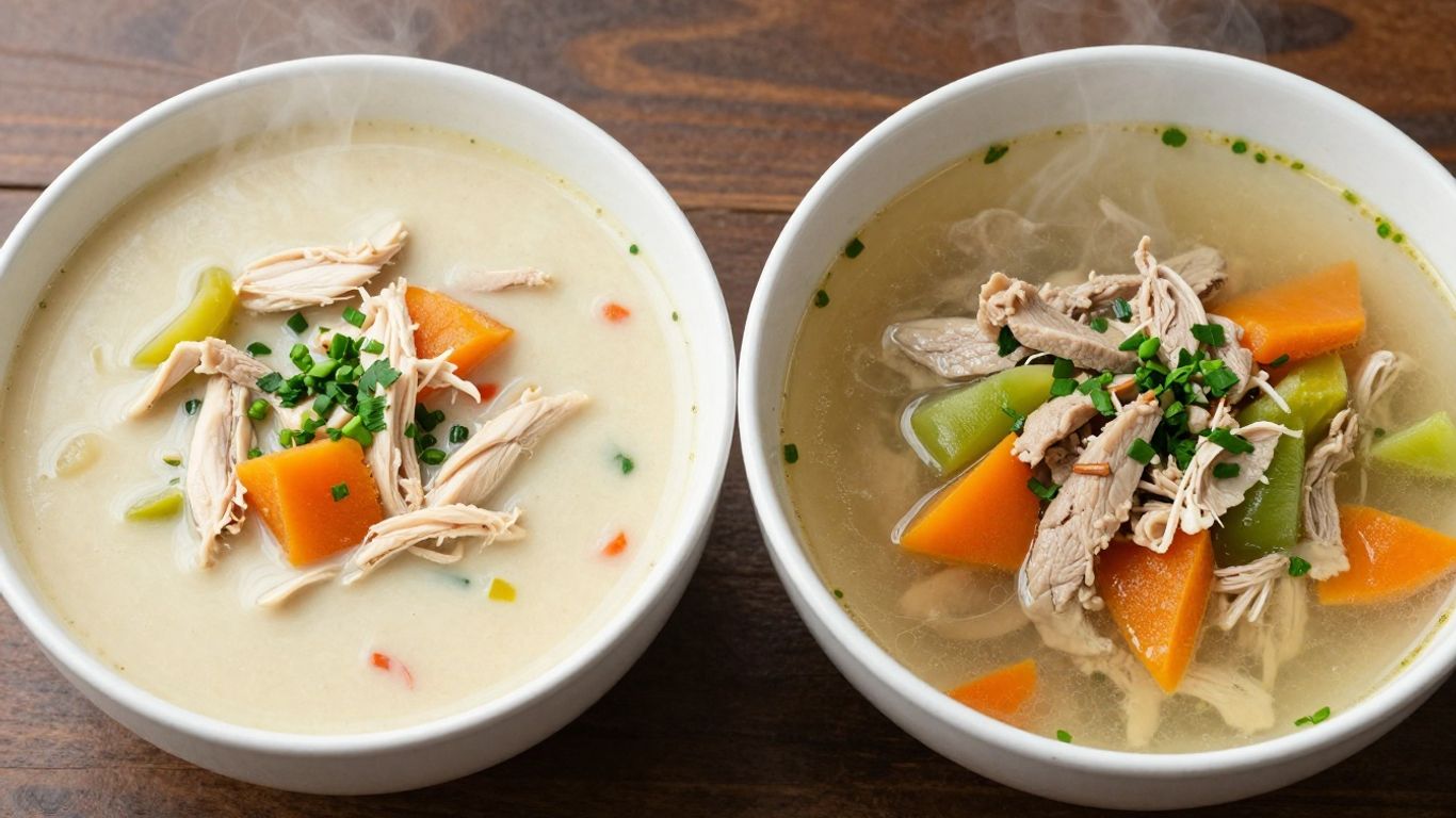 Two bowls of healthy recovery soup with protein and vegetables.