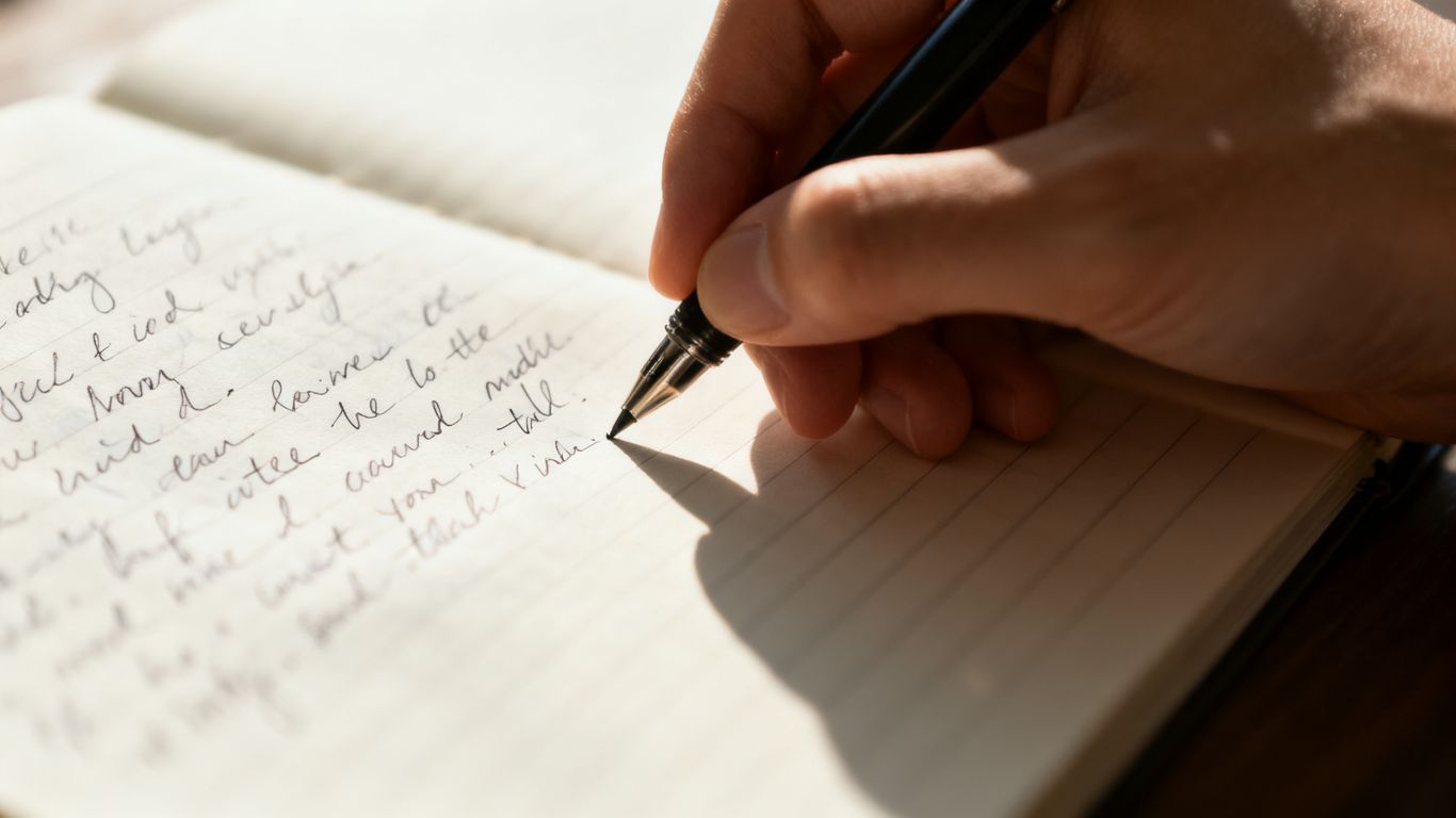 Hand writing sentences, pen poised over notebook.