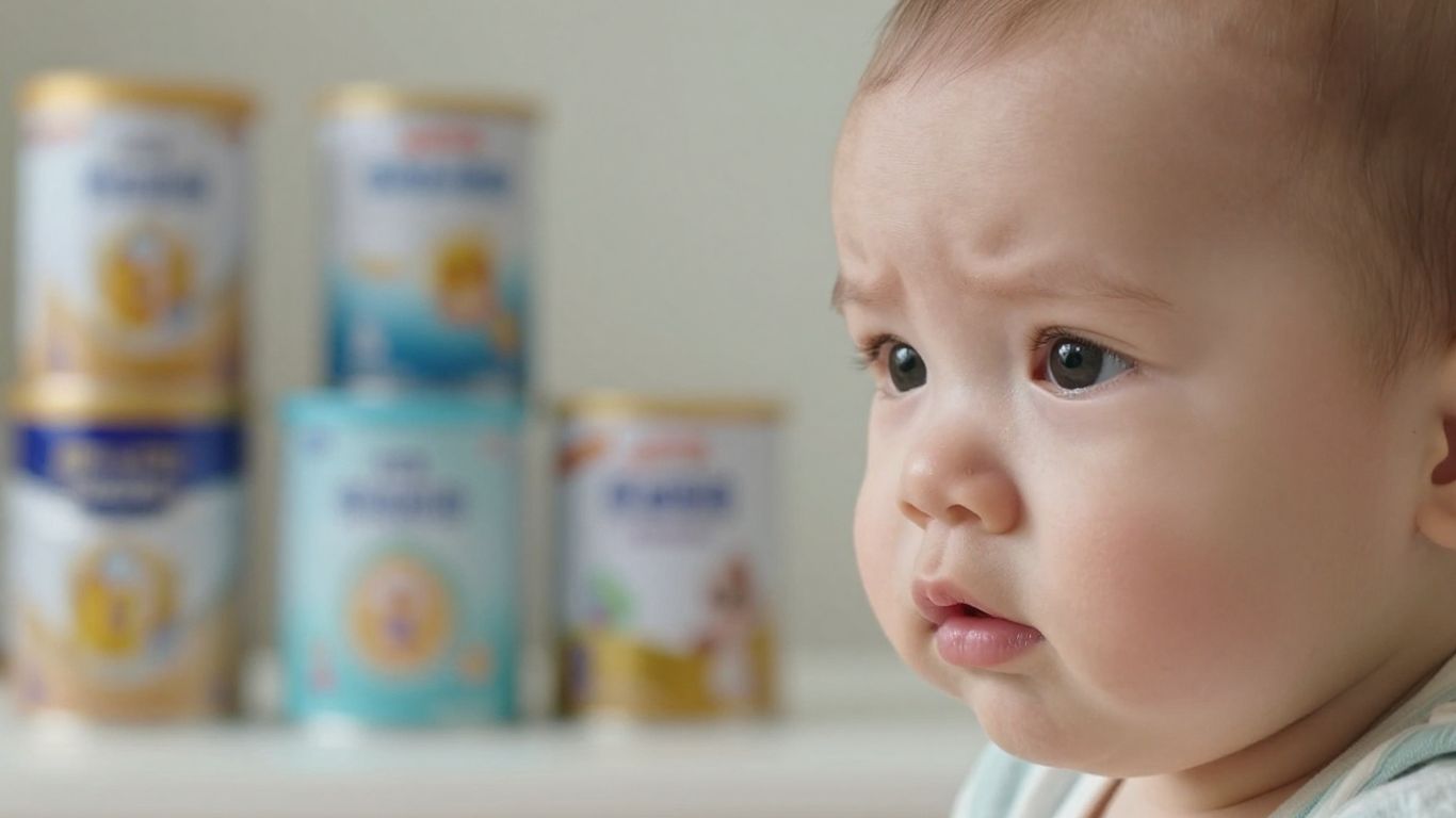 Bebé mirando latas de leche de fórmula.