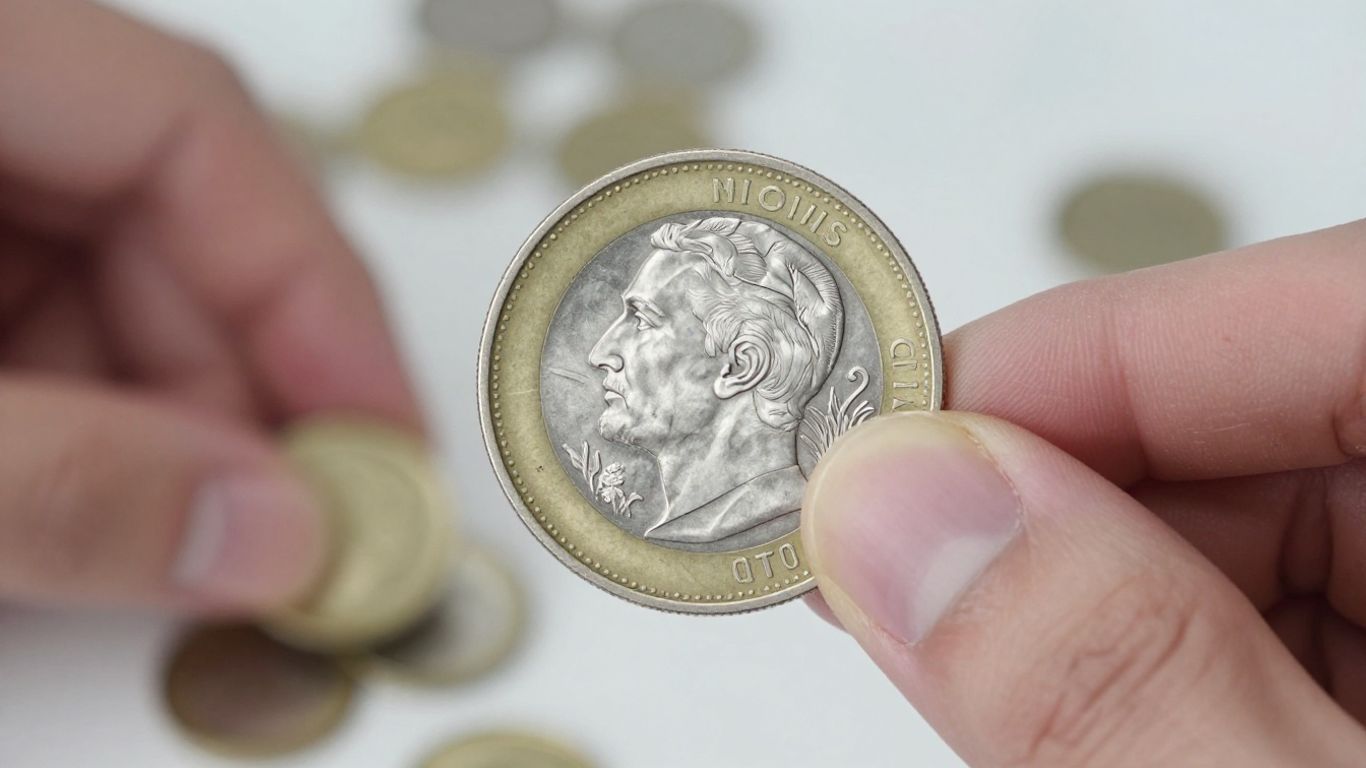 Main d'une personne tenant une pièce d'argent brillante.