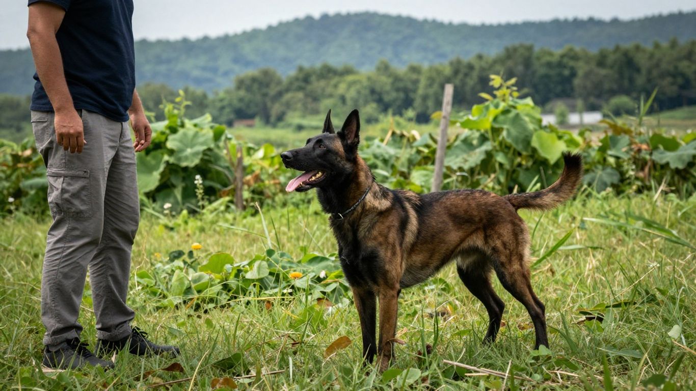 Belgian Malinois training with handler outdoors.