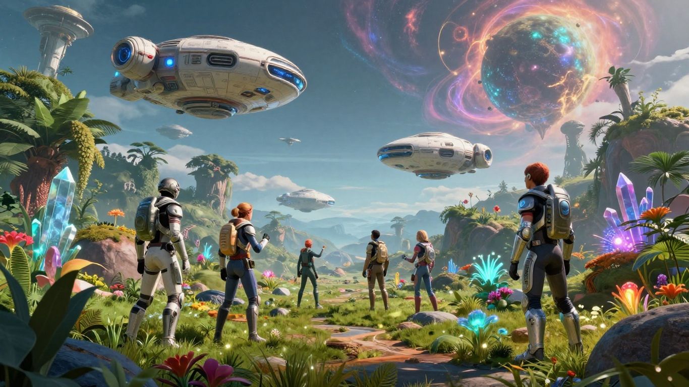 Alien Worlds metaverse with spaceships and explorers on an alien planet.