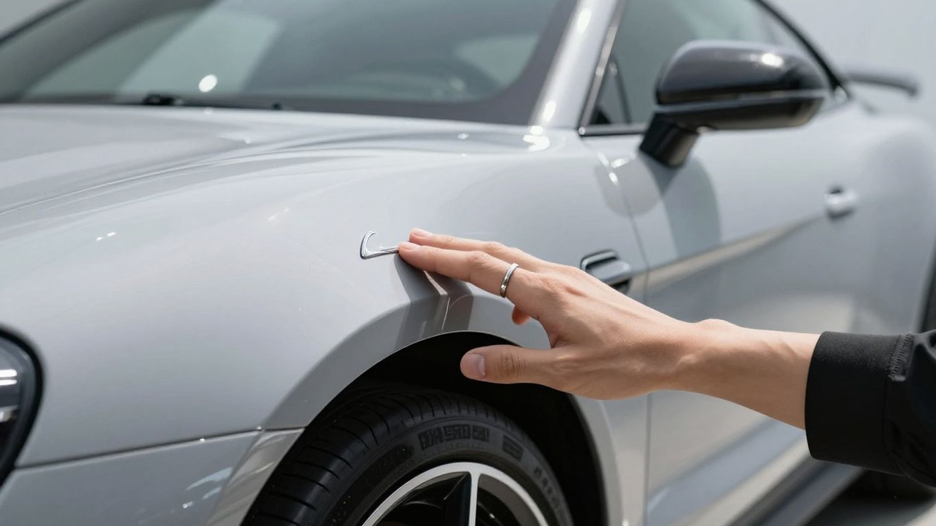Luxury car with hand reaching for emblem.