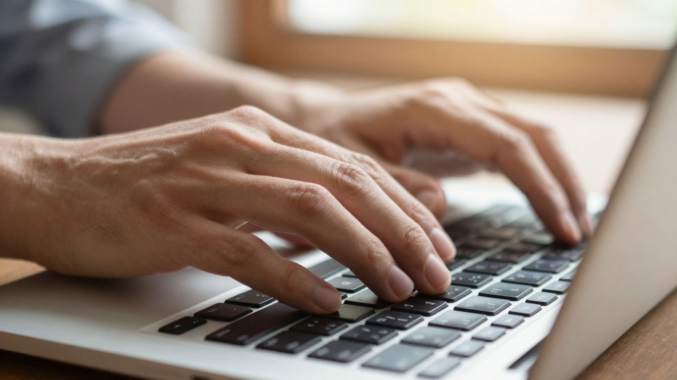 Hands typing on a laptop keyboard for Amazon keyword research.