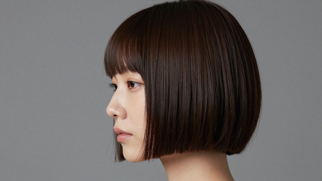 Woman with thin hair in a blunt bob haircut.